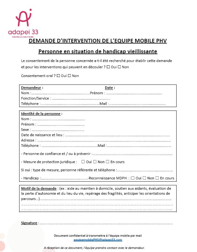 Demande d'intervention Équipe mobile PHV