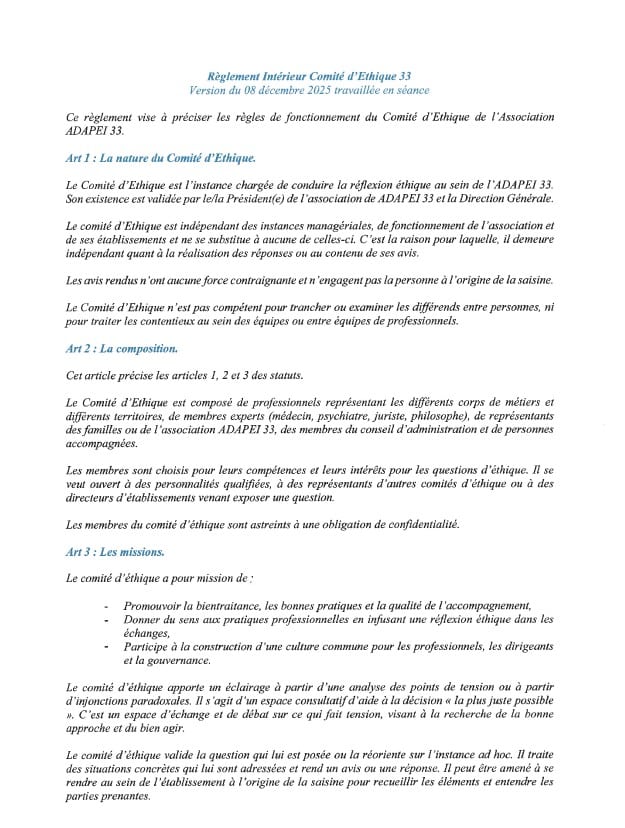 Règlement intérieur Comité d'éthique
